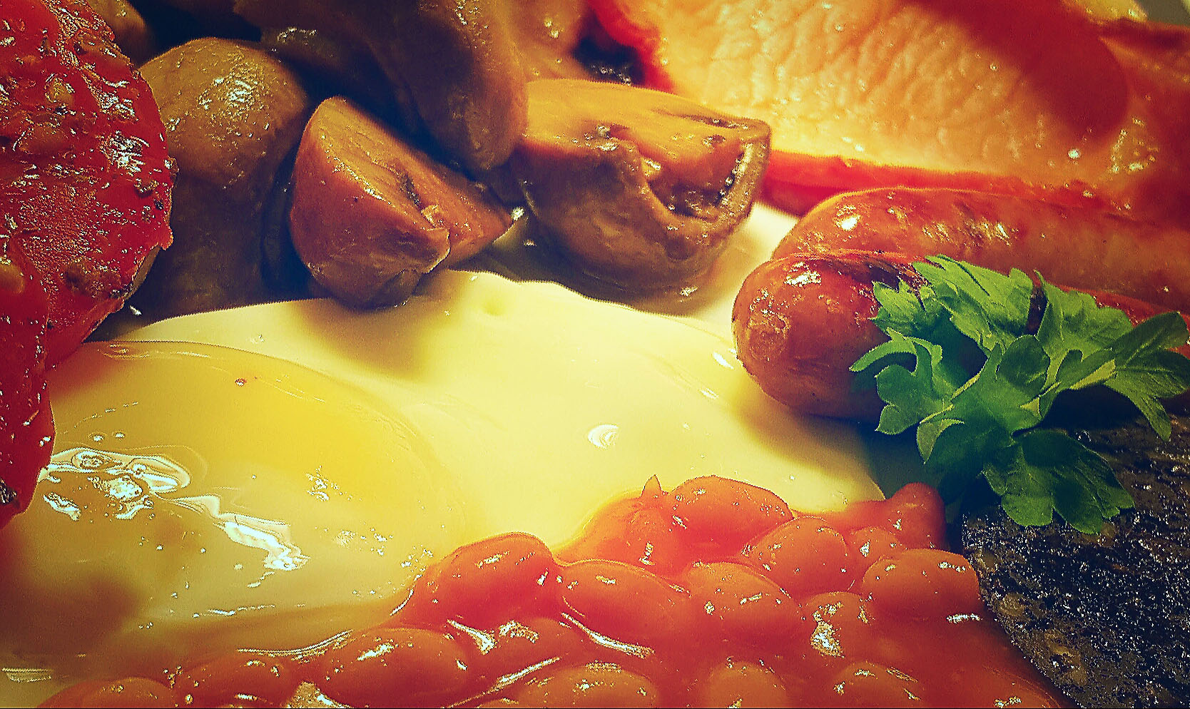 cooked, breakfast, eggs, sausages, bacon, tomates beans